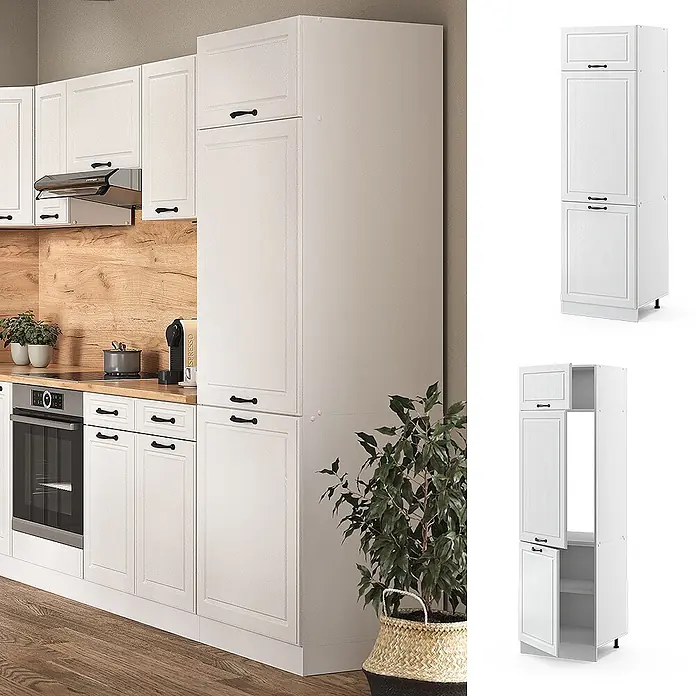 Vicco Schrankküche R-Line Weiß Landhaus - Weiß Landhaus, Kühlumbauschrank 60 cm - Hoher weißer Küchenschrank mit Kassettentüren und schwarzen Griffen, geeignet für Stauraum oder Einbaugeräte.
