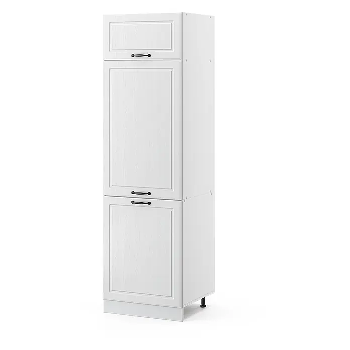 Vicco Schrankküche R-Line Weiß Landhaus - Weiß Landhaus, Kühlumbauschrank 60 cm - Weißer hoher Küchenschrank mit Holzmaserung, schwarzen Griffen und mehreren Paneelfronten. Mit verstellbaren Füßen.
