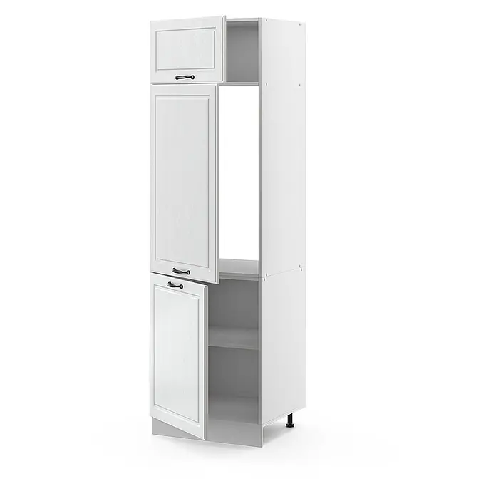 Vicco Schrankküche R-Line Weiß Landhaus - Weiß Landhaus, Kühlumbauschrank 60 cm - Weißer hoher Küchenschrank mit Paneeltüren und schwarzen Griffen, teilweise geöffnet, mit Regalen innen. Für Stauraum.