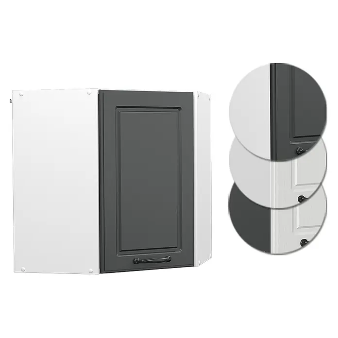 Vicco Schrankküche R-Line Anthrazit Landhaus - Breite: 57 cm, Anthrazit Landhaus, Eckhängeschrank 57 cm - Eckhängeschrank mit dunkelgrauer Tür und weißem Korpus. Zeigt Muster für weiße, graue und texturierte Türoptionen.