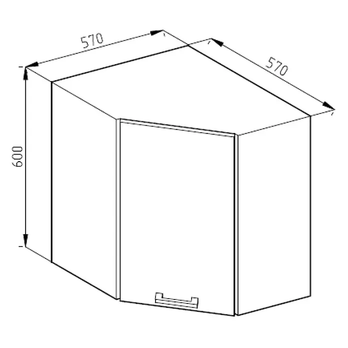Vicco Schrankküche R-Line Weiß Landhaus - Weiß Landhaus, Eckhängeschrank 57 cm - Strichzeichnung eines Eckhängeschranks mit Höhe 600 und Seitenlängen 570, inklusive Tür mit Griff.