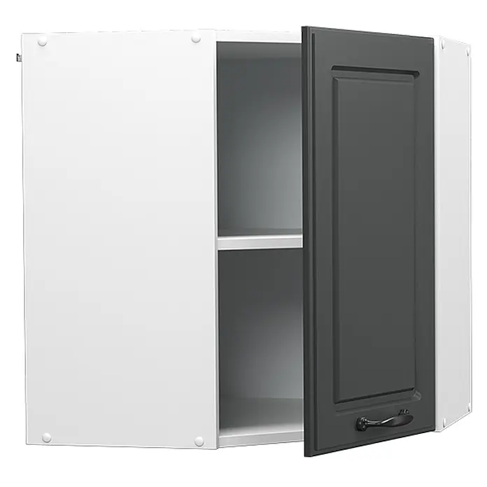 Vicco Schrankküche R-Line Anthrazit Landhaus - Breite: 57 cm, Anthrazit Landhaus, Eckhängeschrank 57 cm - Weißer Eckhängeschrank mit einer weißen geschlossenen und einer dunkelgrauen offenen Tür, die ein Innenregal zeigt.