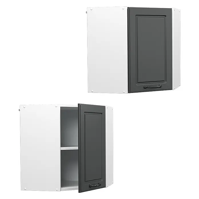 Vicco Schrankküche R-Line Anthrazit Landhaus - Breite: 57 cm, Anthrazit Landhaus, Eckhängeschrank 57 cm - Weißer Eck-Hängeschrank mit dunkelgrauer Tür, geschlossen und geöffnet mit Regalböden gezeigt.