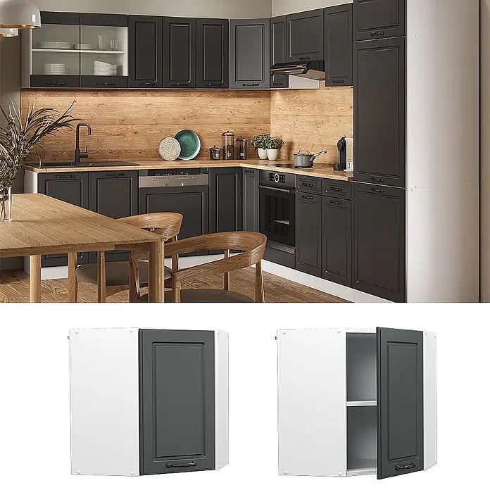 Vicco Schrankküche R-Line Anthrazit Landhaus - Breite: 57 cm, Anthrazit Landhaus, Eckhängeschrank 57 cm - Moderne Küche mit dunkelgrauen Schränken, Holz-Arbeitsplatten und einem weiß-grauen Eckwandschrank.