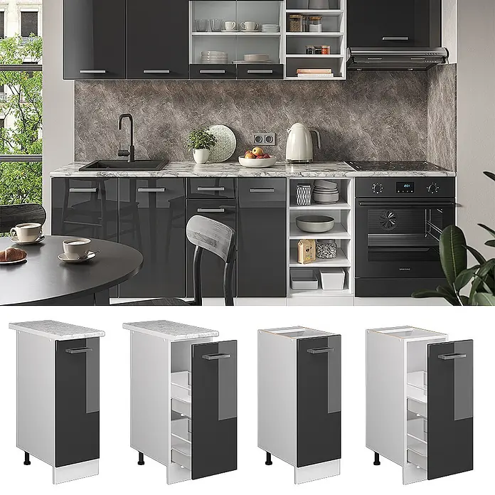 Vicco Schrankküche R-Line Anthrazit Hochglanz, AP Eiche - Anthrazit Hochglanz, Apothekerunterschrank 30 cm, AP Eiche - Dunkelgrauer glänzender Auszugsunterschrank mit weißen Regalböden und Marmoroptik-Platte in moderner Küche.