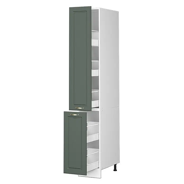 Vicco Schrankküche Fame-Line Grün-Gold Landhaus - Grün-Gold Landhaus, Apothekerhochschrank 30 cm - Hoher weißer Vorratsschrank mit zwei dunkelgrünen Türen, goldenen Griffen und ausziehbaren Schubladen.