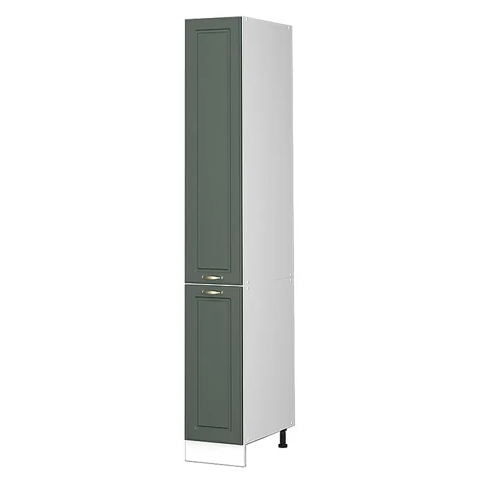 Vicco Schrankküche Fame-Line Grün-Gold Landhaus - Grün-Gold Landhaus, Apothekerhochschrank 30 cm - Hoher Küchenschrank mit dunkelgrünen Türen, Messinggriffen und einer hellgrauen Seitenwand, mit weißer Sockelleiste.