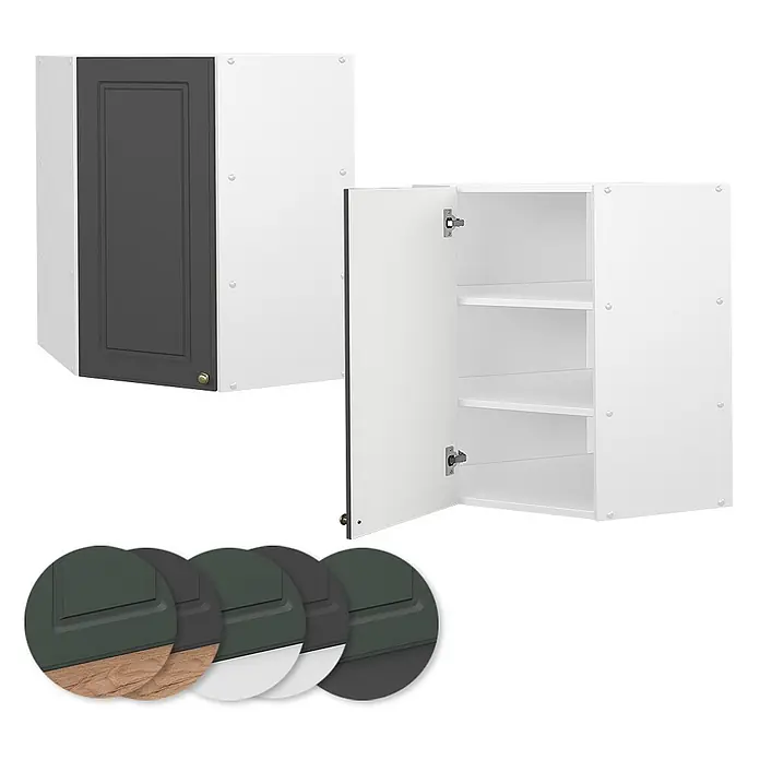 Vicco Schrankküche Fame-Line Anthrazit-Gold - Anthrazit-Gold, Eckhängeschrank 57 cm - Zwei weiße Hängeschränke, einer mit dunkelgrauer Tür, der andere offen mit Regalböden. Farbmuster inklusive.