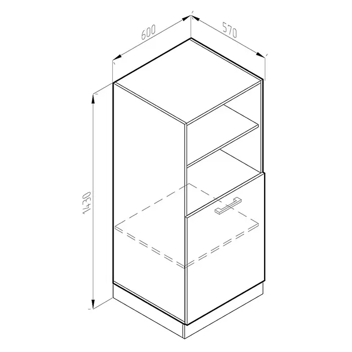 Vicco Schrankküche R-Line Weiß Hochglanz - Weiß Hochglanz, Backofenumbauschrank 60 cm (halb) - Hoher Schrank mit zwei offenen Regalböden, einer Schublade und den Maßen 1430x600x570 mm.
