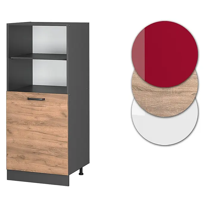 Vicco Schrankküche R-Line Goldkraft Eiche - Goldkraft Eiche, Backofenumbauschrank 60 cm (halb) - Dunkelgrauer Küchenschrank mit Holzdekor-Front und offenen Regalen, dazu Materialmuster (rot, Holz, weiß).