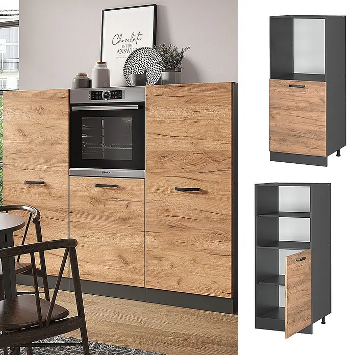 Vicco Schrankküche R-Line Goldkraft Eiche - Goldkraft Eiche, Backofenumbauschrank 60 cm (halb) - Moderne Küchenzeile mit Eichendekorfronten, dunkelgrauem Korpus, integriertem Backofen und Stauschränken.