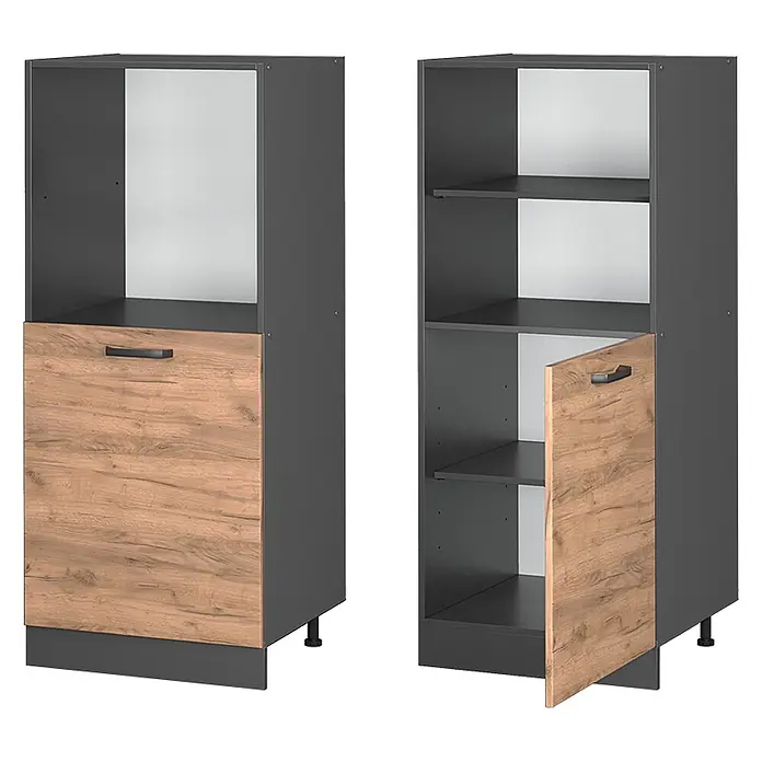 Vicco Schrankküche R-Line Goldkraft Eiche - Goldkraft Eiche, Backofenumbauschrank 60 cm (halb) - Zwei dunkelgraue Küchenschränke mit Holzoptik-Fronten und Griffen, einer mit offener Ablage und Tür, der andere mit Regalböden und Tür.