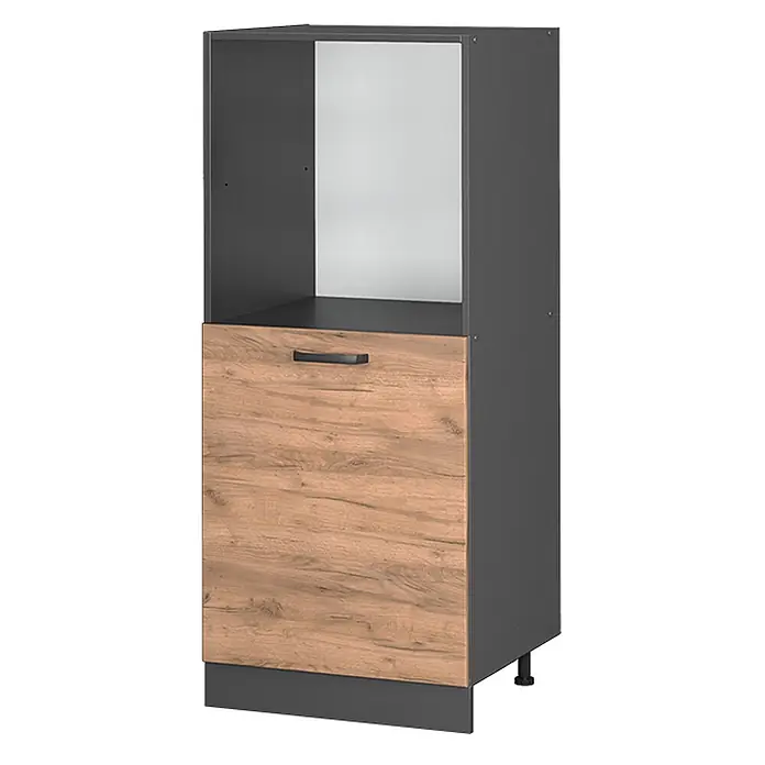 Vicco Schrankküche R-Line Goldkraft Eiche - Goldkraft Eiche, Backofenumbauschrank 60 cm (halb) - Dunkelgrauer Geräte-Unterschrank mit Schublade in heller Holzoptik und schwarzem Griff.