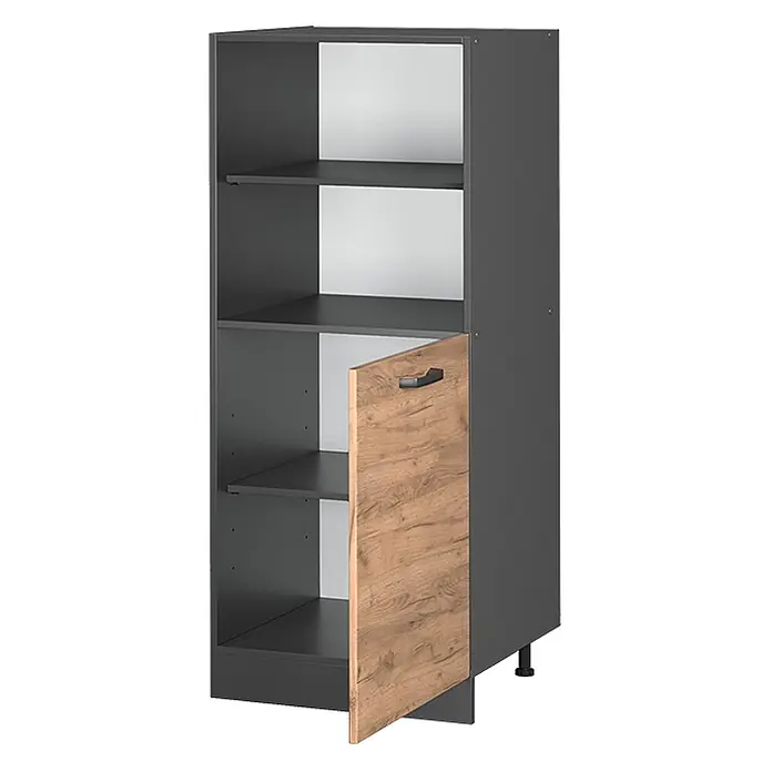 Vicco Schrankküche R-Line Goldkraft Eiche - Goldkraft Eiche, Backofenumbauschrank 60 cm (halb) - Dunkelgrauer Hochschrank mit mehreren Einlegeböden und einer hellen Holztür unten rechts mit dunklem Griff.