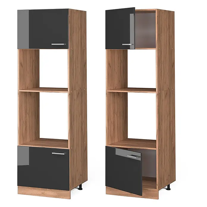 Vicco Schrankküche R-Line Anthrazit Hochglanz - Anthrazit Hochglanz, Mikrowellenschrank 60 cm - Hohes Regal in Holzoptik mit dunkelgrauen Hochglanztüren und offenen Fächern. Zeigt geschlossene und offene Türoptionen.