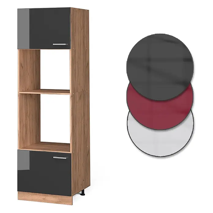 Vicco Schrankküche R-Line Anthrazit Hochglanz - Anthrazit Hochglanz, Mikrowellenschrank 60 cm - Hoher Holzschrank mit dunkelgrauen Hochglanztüren und offenen Fächern, ideal für Küche oder Abstellraum.