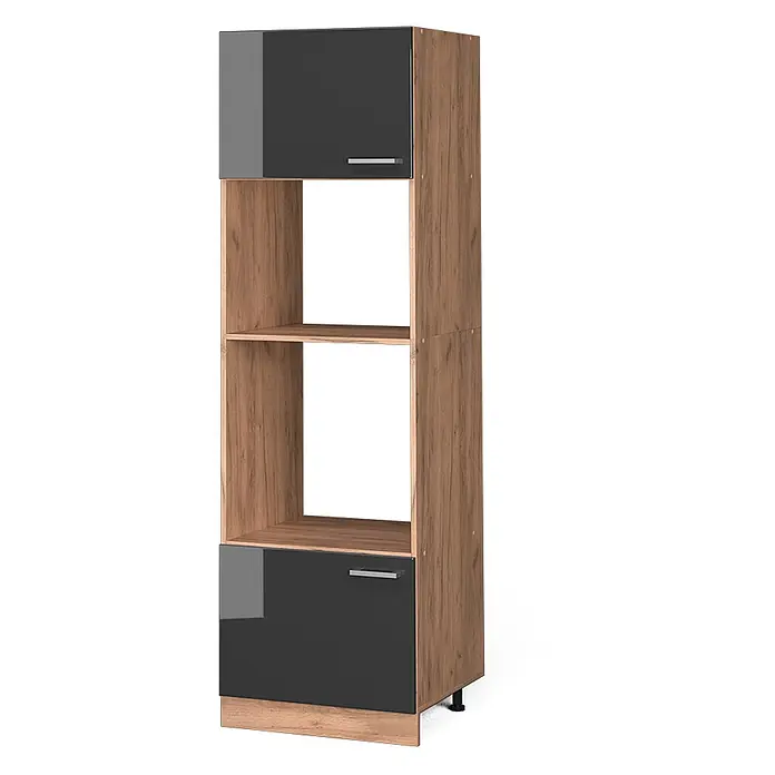 Vicco Schrankküche R-Line Anthrazit Hochglanz - Anthrazit Hochglanz, Mikrowellenschrank 60 cm - Hoher schmaler Schrank mit Holzoptik-Seitenwänden, dunkelgrauen Hochglanztüren oben und unten sowie zwei offenen Fächern in der Mitte.