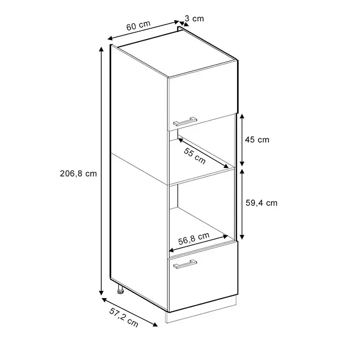 Vicco Schrankküche R-Line Weiß Hochglanz - Weiß Hochglanz, Mikrowellenschrank 60 cm - Hoher Küchenschrank mit mehreren Fächern, darunter zwei offene Nischen für Einbaugeräte, Maße 206,8x60x57,2 cm.
