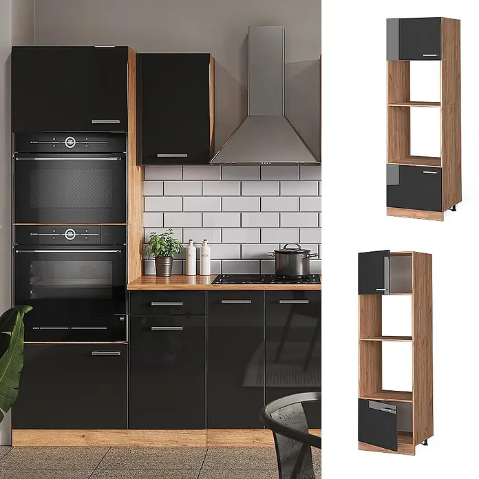 Vicco Schrankküche R-Line Anthrazit Hochglanz - Anthrazit Hochglanz, Mikrowellenschrank 60 cm - Moderne Küche mit glänzend schwarzen Schränken, hellen Holzakzenten, Einbaugeräten und hohem Stauraumschrank.