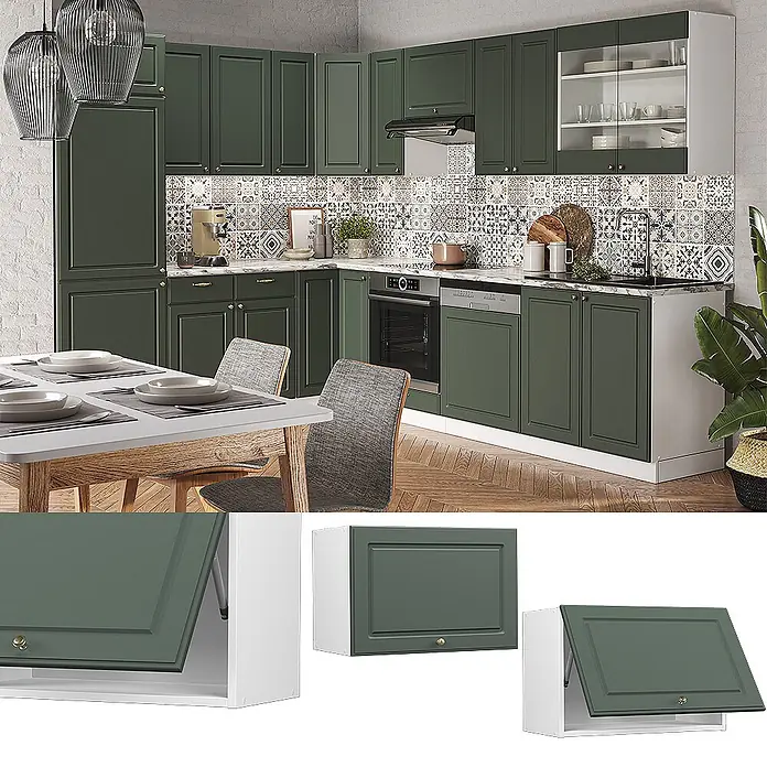 Vicco Schrankküche Fame-Line Grün-Gold Landhaus Flach - Grün-Gold Landhaus, Hängeschrank 60 cm (flach) - Moderne Küche mit dunkelgrünen Schränken und goldenen Griffen. Nahaufnahmen zeigen eine Schranktür mit Soft-Close-Mechanismus.