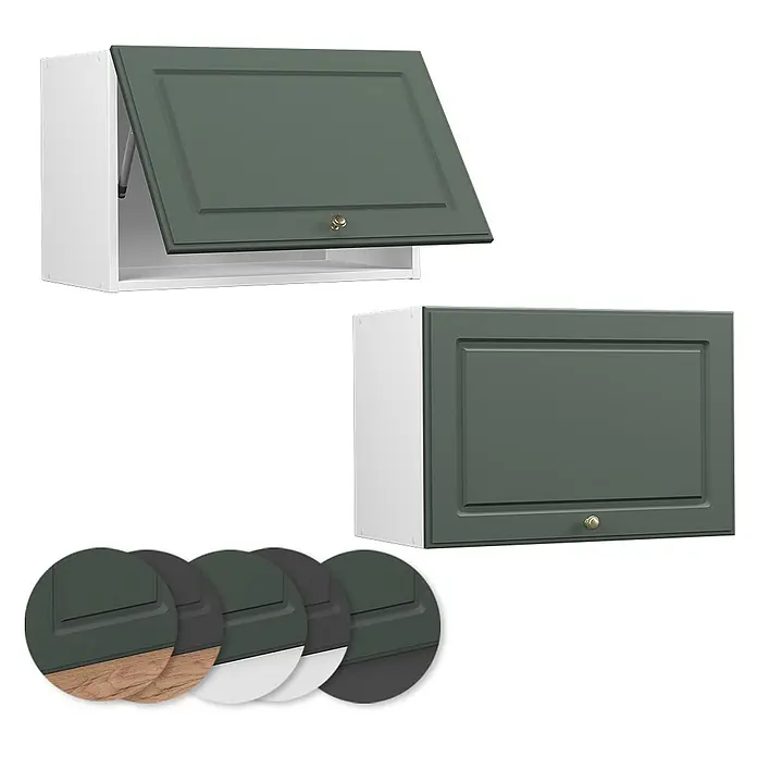 Vicco Schrankküche Fame-Line Grün-Gold Landhaus Flach - Grün-Gold Landhaus, Hängeschrank 60 cm (flach) - Dunkelgrüner Shaker-Stil Wandschrank, offen und geschlossen gezeigt, mit verschiedenen Farbmustern.