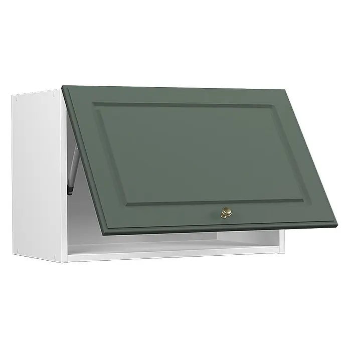Vicco Schrankküche Fame-Line Grün-Gold Landhaus Flach - Grün-Gold Landhaus, Hängeschrank 60 cm (flach) - Weißer Oberschrank mit offener, dunkelgrüner Kassettenklappe und Messingknauf.