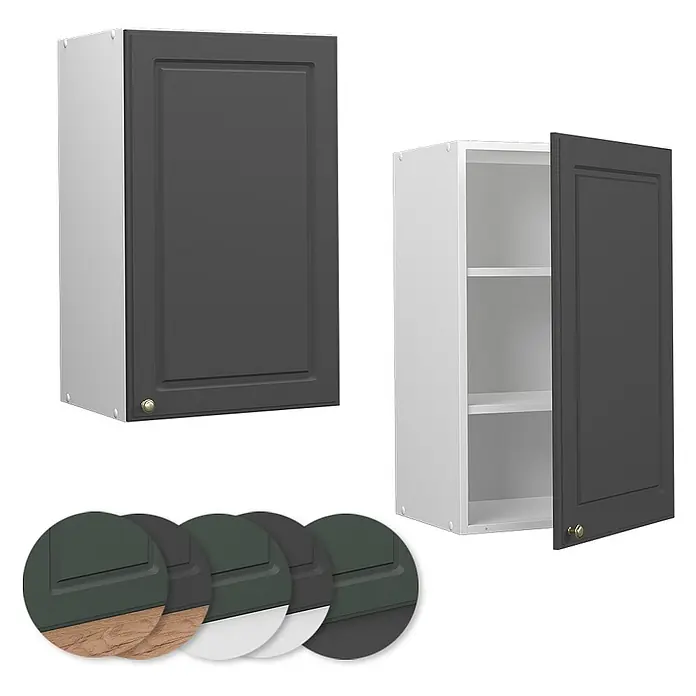 Vicco Schrankküche Fame-Line Anthrazit-Gold - Anthrazit-Gold, Hängeschrank 45 cm - Dunkelgraue Hängeschränke, geschlossen und offen mit Regalböden, plus Farbmuster für Oberflächen.