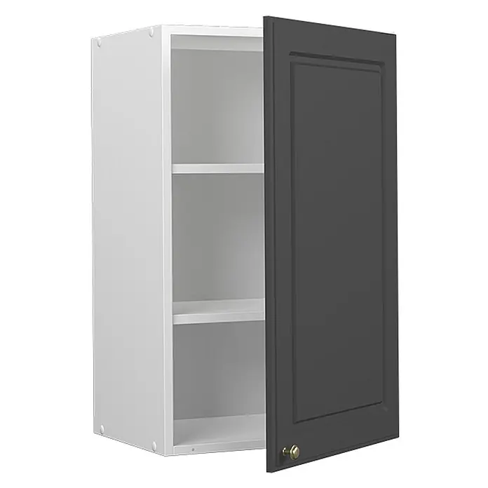 Vicco Schrankküche Fame-Line Anthrazit-Gold - Anthrazit-Gold, Hängeschrank 45 cm - Offener weißer Wandschrank mit weißen Einlegeböden und einer dunkelgrauen Kassettentür mit Messingknauf.