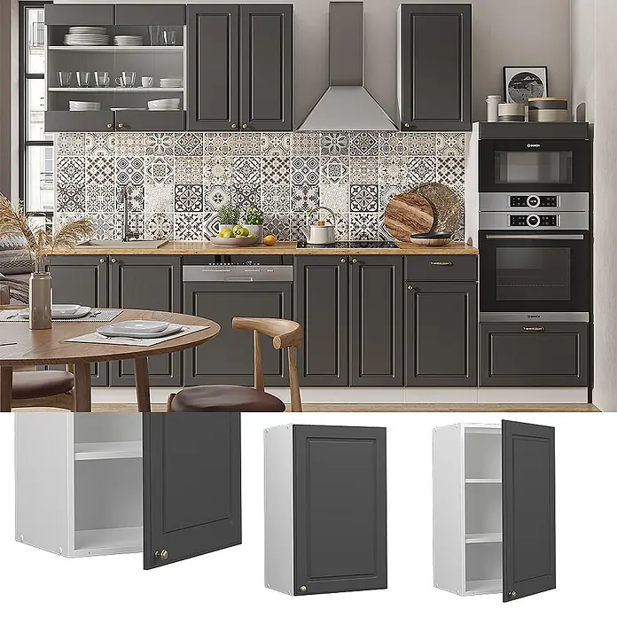 Vicco Schrankküche Fame-Line Anthrazit-Gold - Anthrazit-Gold, Hängeschrank 45 cm - Dunkelgraue Shaker-Küchenschränke in moderner Küche, mit Ober- und Unterschränken, goldenen Griffen.