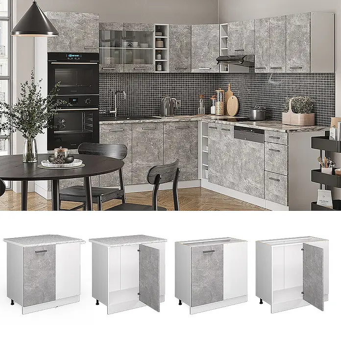 Vicco Schrankküche R-Line Beton, AP Anthrazit - Beton, Eckunterschrank 86 cm, AP Anthrazit - Moderne Küchenschränke mit grauer Marmoroptik-Front und weißen Rahmen, in einer Küche und als Einzelmodule gezeigt.