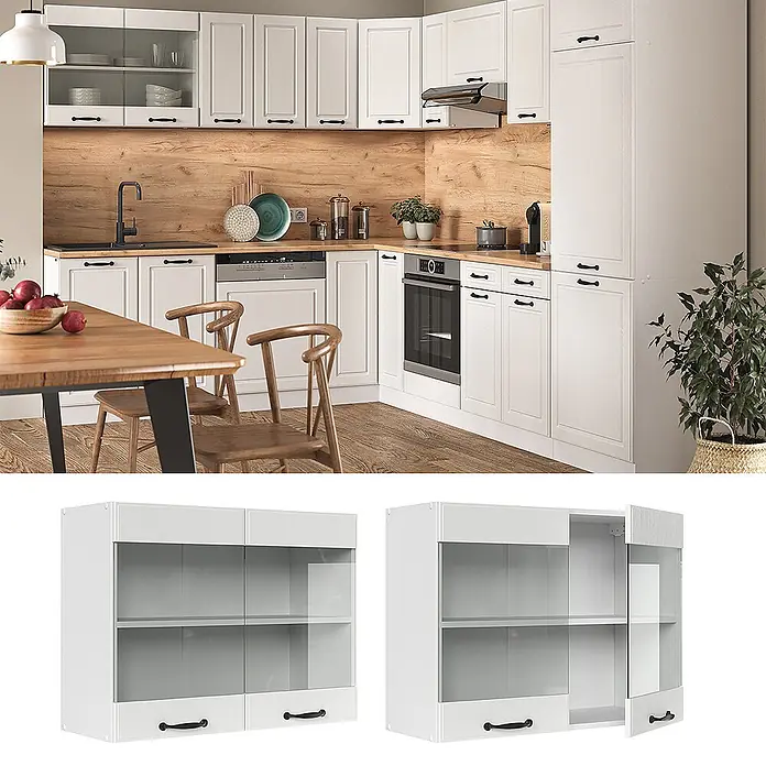 Vicco Schrankküche R-Line Weiß Landhaus - Weiß Landhaus, Hängeglasschrank 80 cm - Moderne weiße Küche mit Holzakzenten, schwarzen Griffen und integrierten Geräten. Mit weißen Hängeschränken, teils mit Glastüren, und Unterschränken.
