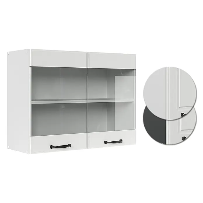 Vicco Schrankküche R-Line Weiß Landhaus - Weiß Landhaus, Hängeglasschrank 80 cm - Weißer Küchenhängeschrank mit zwei Glastüren, zwei Unterschubladen und schwarzen Griffen.