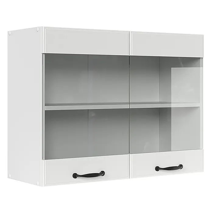 Vicco Schrankküche R-Line Weiß Landhaus - Weiß Landhaus, Hängeglasschrank 80 cm - Weißer Wandschrank mit zwei oberen Glastüren und zwei unteren Volltüren, schwarzen Griffen und Innenablagen.