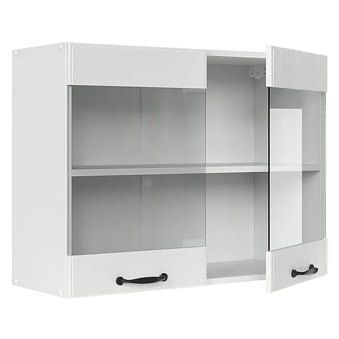 Vicco Schrankküche R-Line Weiß Landhaus - Weiß Landhaus, Hängeglasschrank 80 cm - Weißer Wandschrank mit texturierten Paneelen, Glastüren und schwarzen Griffen. Eine Tür ist offen und zeigt Innenregale.