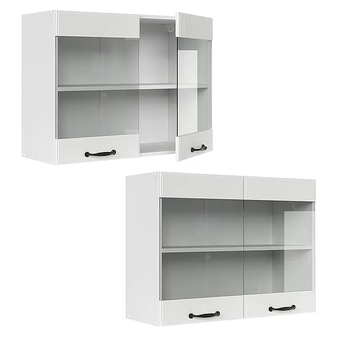 Vicco Schrankküche R-Line Weiß Landhaus - Weiß Landhaus, Hängeglasschrank 80 cm - Zwei weiße Hängeschränke mit Glastüren, Regalböden und schwarzen Griffen. Ein Schrank ist offen, der andere ist geschlossen mit zwei Türen.