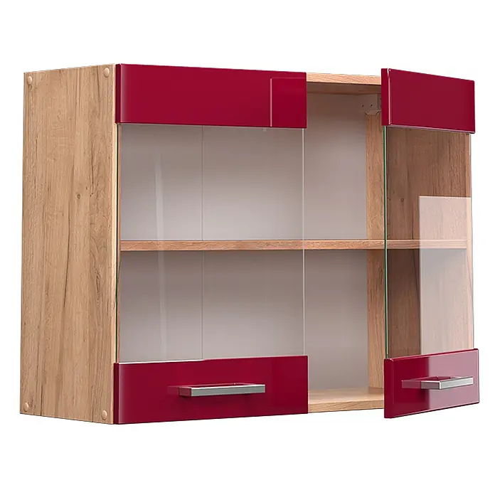 Vicco Schrankküche R-Line Rot Hochglanz - Breite: 80 cm, Rot Hochglanz, Hängeglasschrank 80 cm - Wandschrank in Holzoptik mit roten Hochglanzblenden und Glastüren, eine Tür leicht geöffnet zeigt ein Regal.