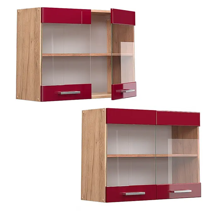 Vicco Schrankküche R-Line Rot Hochglanz - Breite: 80 cm, Rot Hochglanz, Hängeglasschrank 80 cm - Wandregal in Holzoptik mit roten Hochglanzfronten, Glastüren und silbernen Griffen. Offen und geschlossen gezeigt.