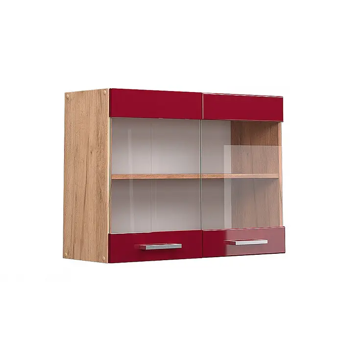Vicco Schrankküche R-Line Rot Hochglanz - Breite: 80 cm, Rot Hochglanz, Hängeglasschrank 80 cm - Moderner Hängeschrank in Holzoptik und Hochglanzrot, mit Glastüren und silbernen Griffen.