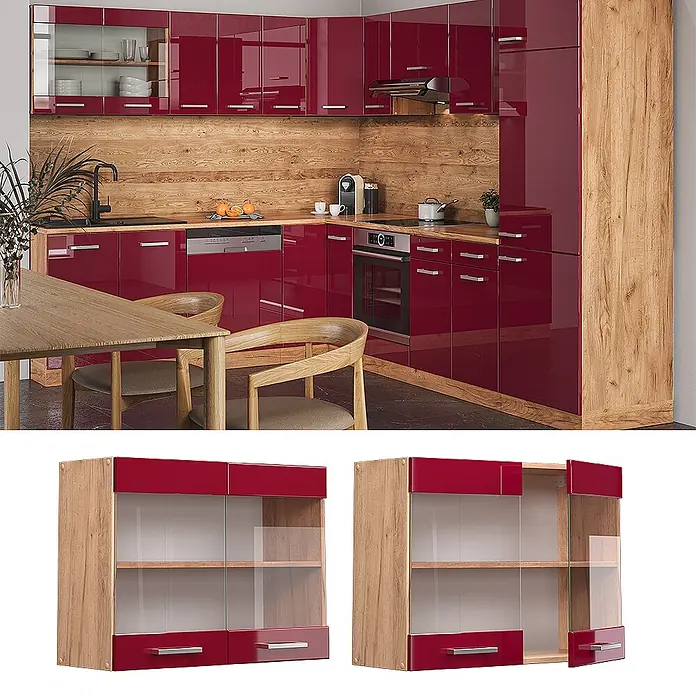 Vicco Schrankküche R-Line Rot Hochglanz - Breite: 80 cm, Rot Hochglanz, Hängeglasschrank 80 cm - Moderne Küche mit hochglänzenden, tiefroten Schränken, Arbeitsplatten und Spritzschutz in heller Holzoptik.
