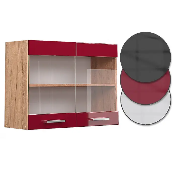 Vicco Schrankküche R-Line Rot Hochglanz - Breite: 80 cm, Rot Hochglanz, Hängeglasschrank 80 cm - Wandhängeschrank mit Holzoptik-Rahmen, roten Paneelen & Glastüren, silbernen Griffen und Farbmustern.
