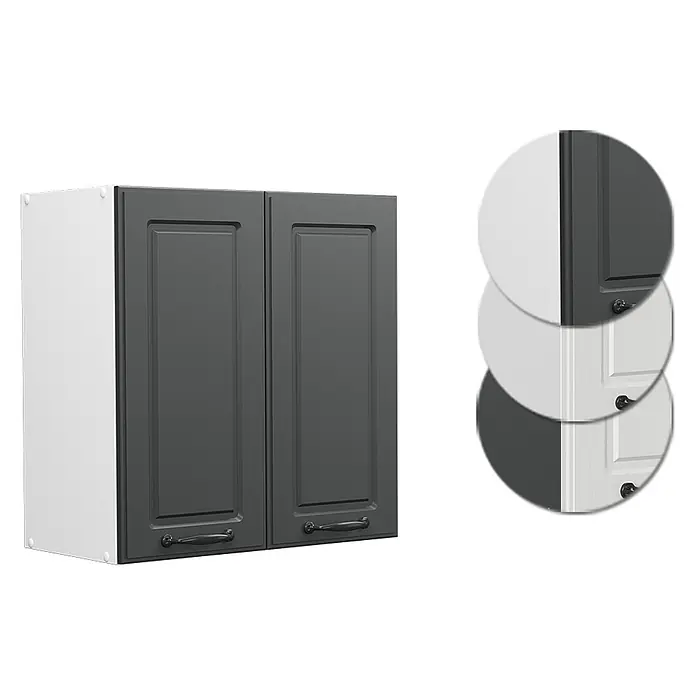 Vicco Schrankküche R-Line Anthrazit Landhaus - Breite: 60 cm, Anthrazit Landhaus, Hängeschrank 60 cm - Weißer Küchenhängeschrank mit zwei dunkelgrauen Schranktüren im Shaker-Stil und schwarzen Griffen.