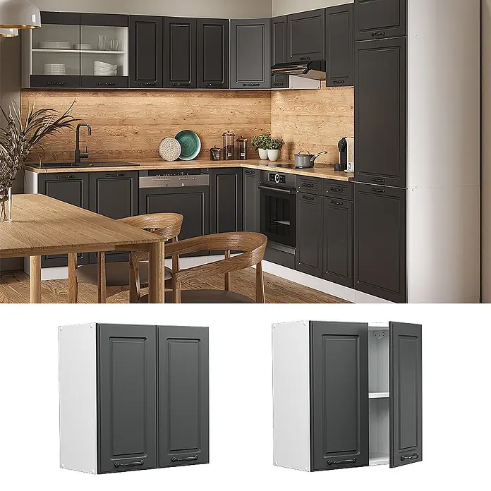Vicco Schrankküche R-Line Anthrazit Landhaus - Breite: 60 cm, Anthrazit Landhaus, Hängeschrank 60 cm - Moderne dunkelgraue Küchenschränke mit Arbeitsplatten und Rückwand aus Holz in einer kompletten Kücheneinrichtung.