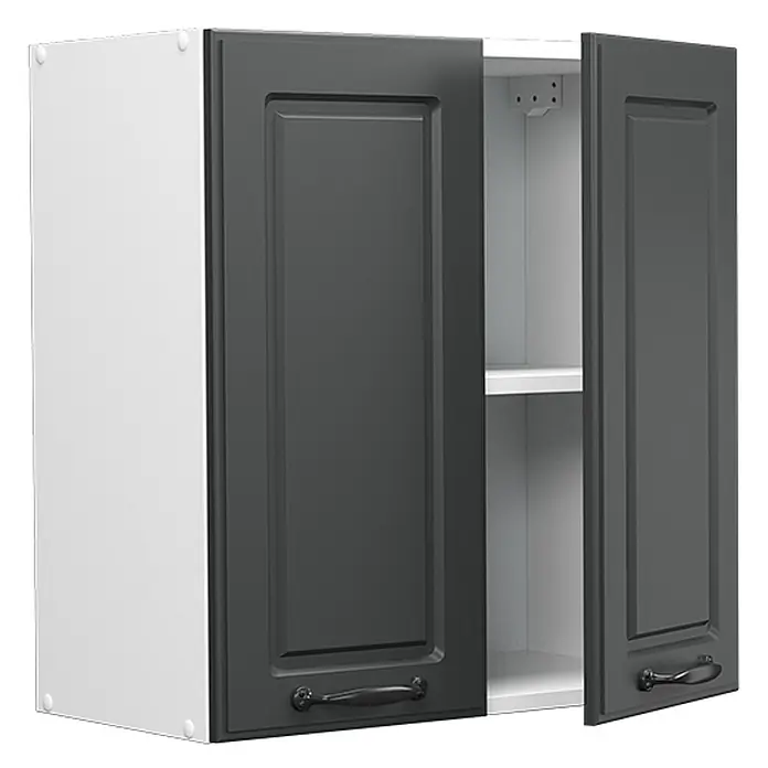 Vicco Schrankküche R-Line Anthrazit Landhaus - Breite: 60 cm, Anthrazit Landhaus, Hängeschrank 60 cm - Hängeschrank mit zwei offenen dunkelgrauen Kassettentüren, weißem Korpus und schwarzen Griffen.