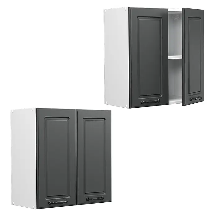 Vicco Schrankküche R-Line Anthrazit Landhaus - Breite: 60 cm, Anthrazit Landhaus, Hängeschrank 60 cm - Zwei dunkelgraue Küchenhängeschränke mit weißen Korpusen, einer offen mit Regal.