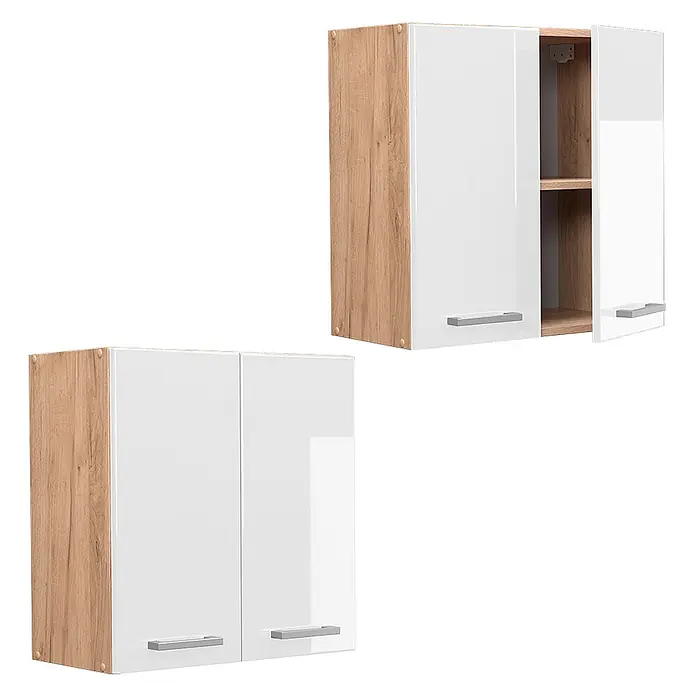 Vicco Schrankküche R-Line Weiß Hochglanz - Weiß Hochglanz, Hängeschrank 60 cm - Zwei Hängeschränke mit Holzoptik und weißen Hochglanztüren, einer offen mit Regal.