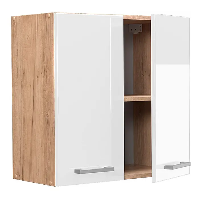 Vicco Schrankküche R-Line Weiß Hochglanz - Weiß Hochglanz, Hängeschrank 60 cm - Zweitüriger Wandschrank mit weißen Hochglanzfronten, Seiten in heller Holzoptik und silbernen Griffen, eine Tür offenbart ein Regal.