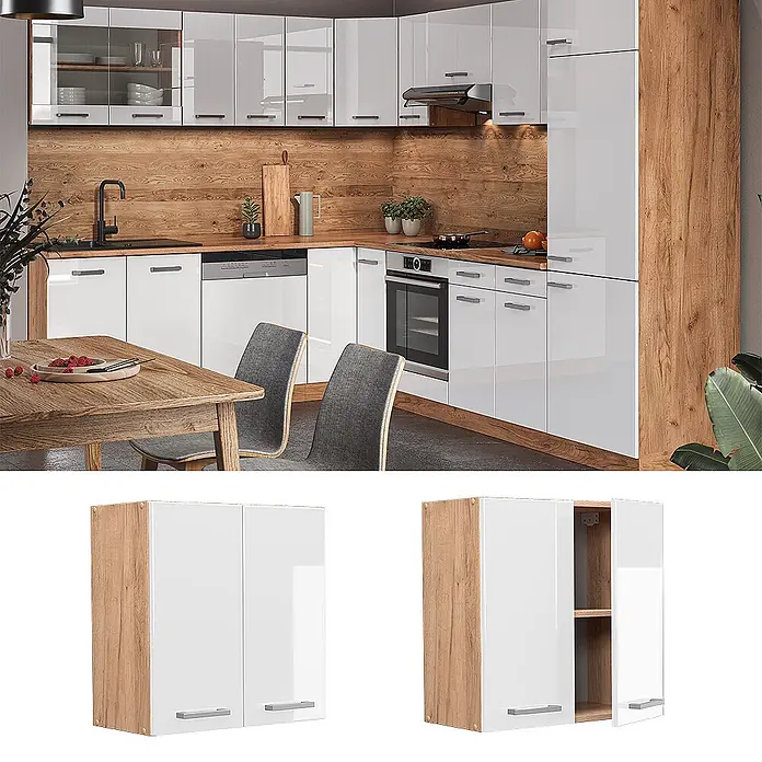 Vicco Schrankküche R-Line Weiß Hochglanz - Weiß Hochglanz, Hängeschrank 60 cm - Glänzend weiße Küchen-Doppelwandschrank mit Holzrahmen, integriert in ein modernes Küchendesign.