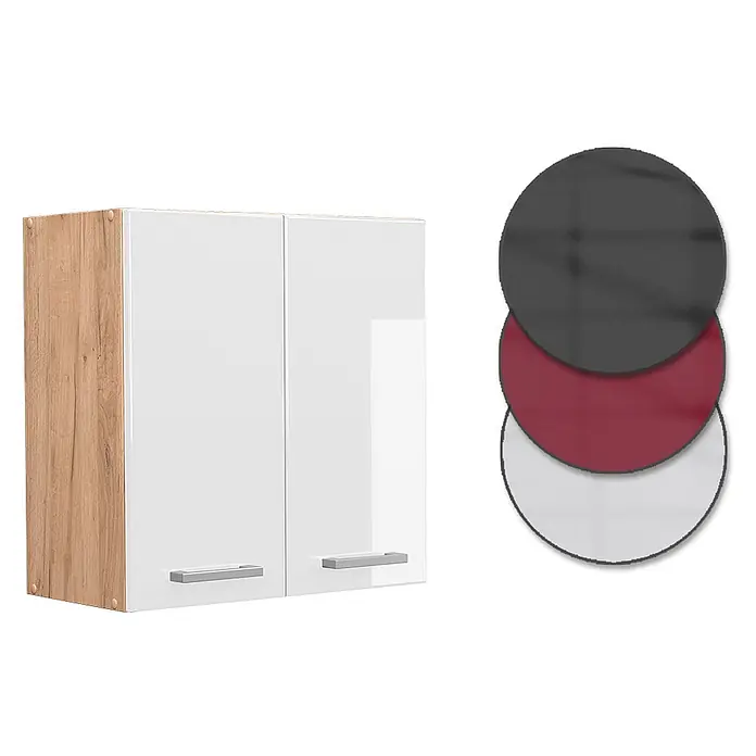 Vicco Schrankküche R-Line Weiß Hochglanz - Weiß Hochglanz, Hängeschrank 60 cm - Weißer Hochglanz-Wandschrank mit zwei Türen, Seiten in heller Holzoptik und silbernen Griffen. Inklusive drei runden Farbmustern: Dunkelgrau, Burgunderrot, Hellgrau.
