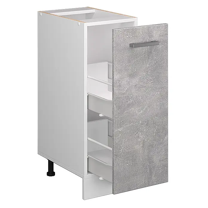 Vicco Schrankküche R-Line Beton, AP Eiche - Beton, Apothekerunterschrank 30 cm, AP Eiche - Weißer Unterschrank mit grauer Betonoptik-Tür, teilgeöffnet, zeigt ausziehbare Aufbewahrungskörbe.