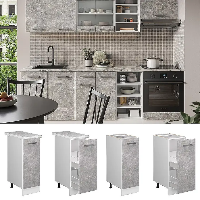 Vicco Schrankküche R-Line Beton, AP Eiche - Beton, Apothekerunterschrank 30 cm, AP Eiche - Moderne graue Küchenschränke in Steinoptik in einer Küche, mit einzelnen Unterschränken, die Auszugsschränke zeigen.